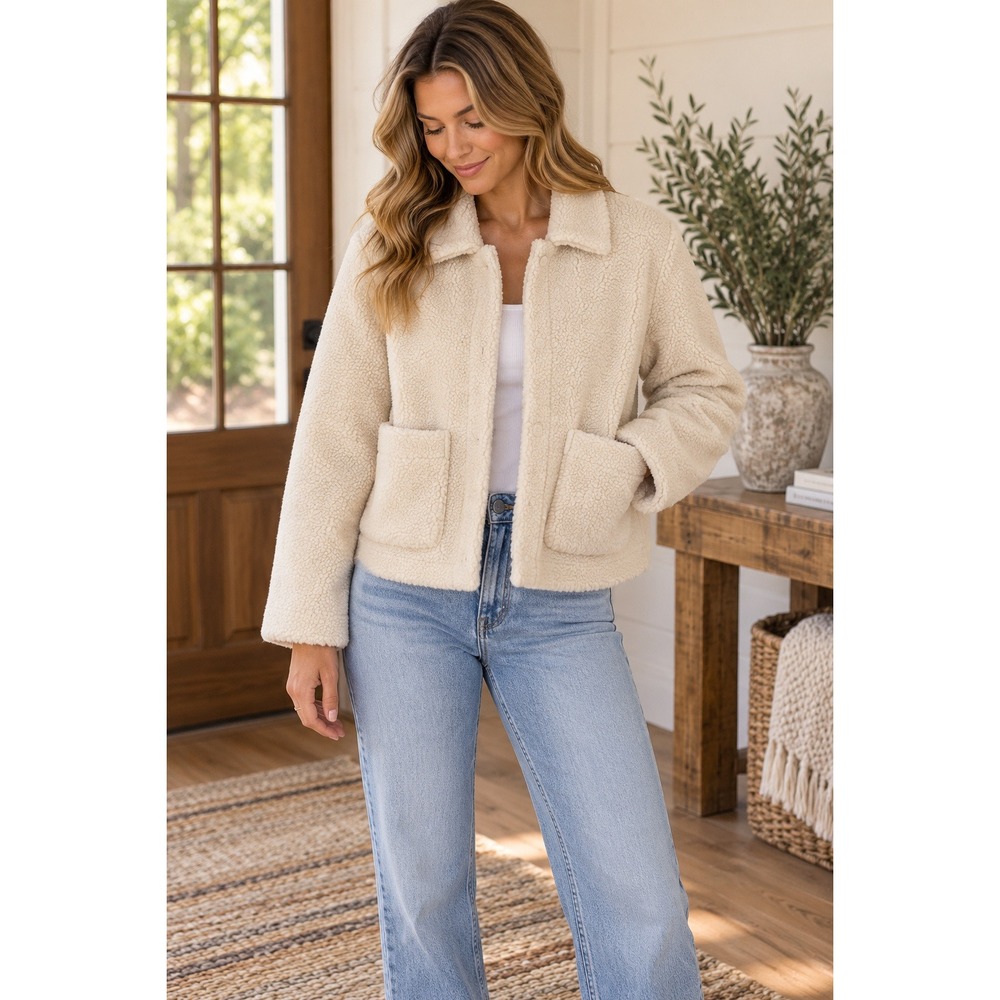 Rebecca Minkoff Sherpa Fleece Teddy Coat Cream Button Front Pockets Women's S
